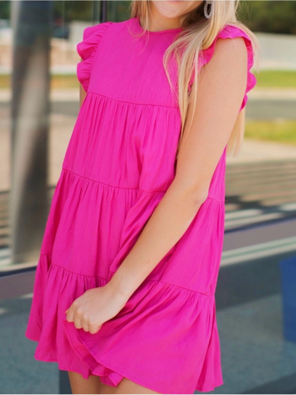 Vici Hot Pink Tiered Flutter Sleeve Mini Dress